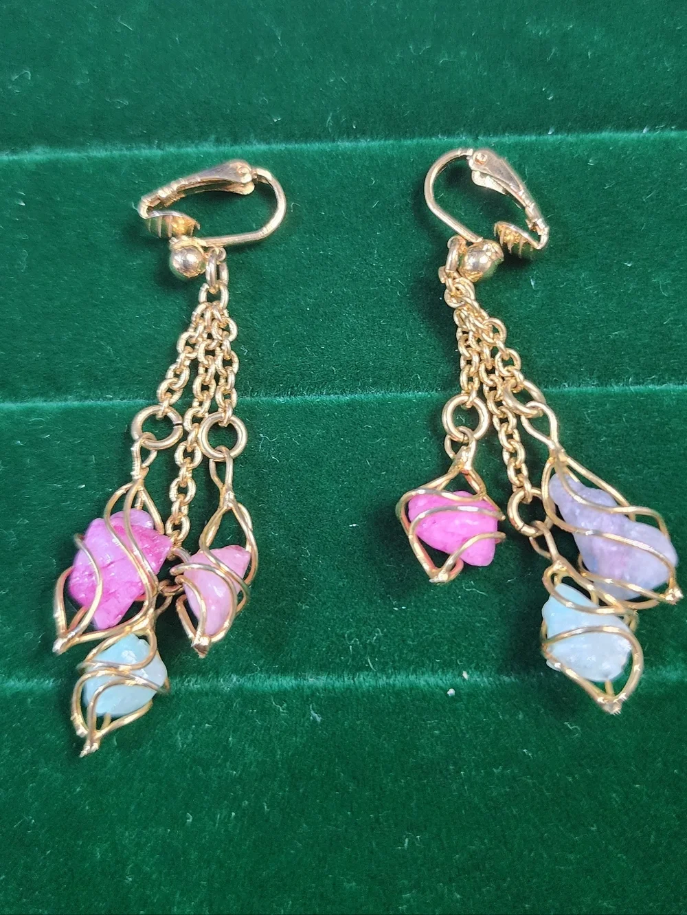 Boho dangle earrings natural stone chips wire wrapped gold tone leverback